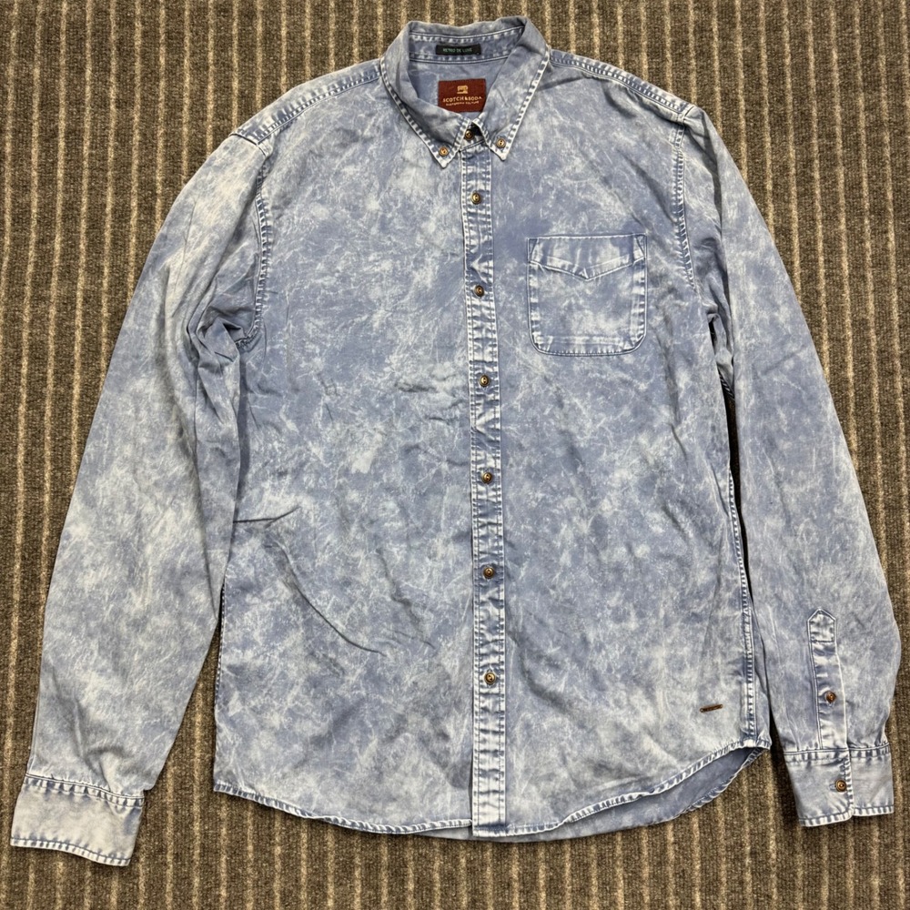 Scotch & Soda Mens Acid Wash Button Down Shirt Large Blue Retro De Luxe Cotton